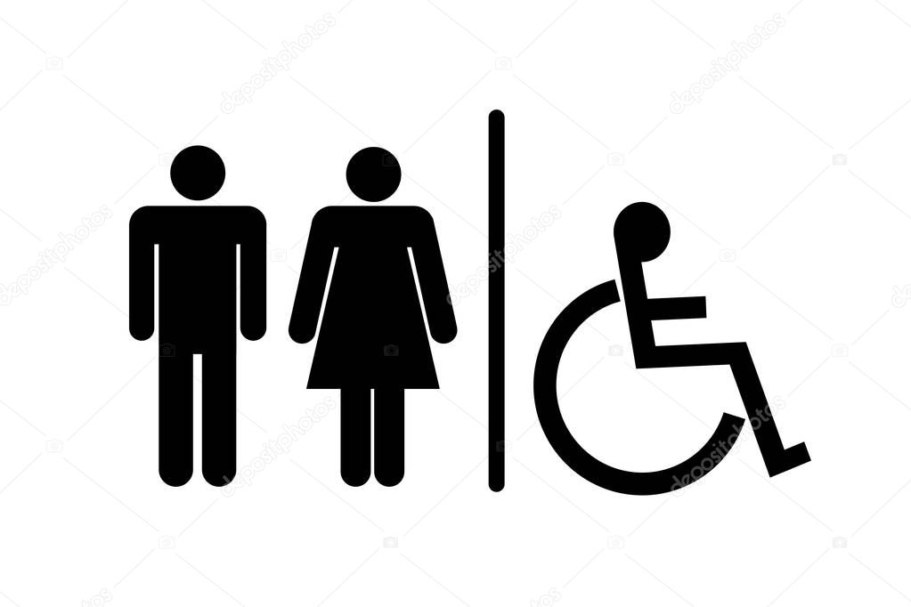 Toilets vector icon. Style is flat rounded wc symbol, black color, rounded angles, white background. Restroom illustration includes lady and gentleman figures and disabled.