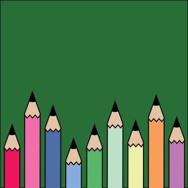 Kalem - vektör simge izole yeşil zemin üzerine birçok renkli (kırmızı, pembe, mor, yeşil, turuncu, mavi). Metin için yer kopyalayın. şekil Eps10