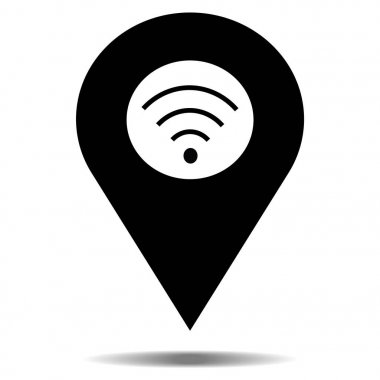Yer siyah simge vektör ile wifi ya da kablosuz simgesi. Beyaz arka plan PIN tabelada göl kenarında. Navigasyon haritası, gps, yön, yer, Pusula, ilgili kişi, arama kavramı veya iade etme.