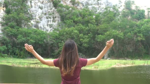 Frauen Mit Gesunden Langen Haaren Stehen Draußen Berg Und Fluss — Stockvideo