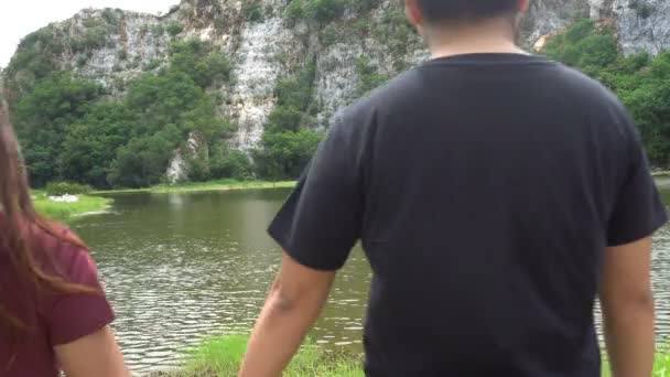 Man Woman Couple Walk Together Holding Hands Nature Mountain River — Stock Video