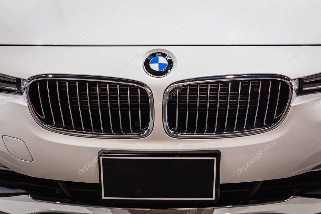 BANGKOK, THAILAND 1 April, 2018: Bmw motor company adge in Bangkok international motorshow on the front from a black car. BMW is a German automobile, motorcycle and engine manufacturing company founde