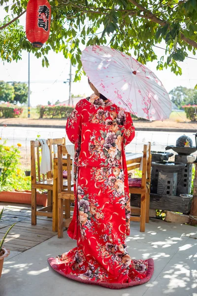 Girl Wearing Red Traditional Kimono Which National Dress Japan Hold — Stok Foto