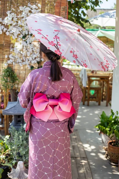 Girl Wearing Pink Traditional Yukata Which National Dress Japan Hold — Stok Foto