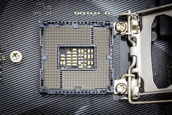 Λεπτομέρεια Closeup Της Υποδοχής Cpu Ενός Σύγχρονου Υπολογιστή Μαύρη Μητρική — Φωτογραφία Αρχείου