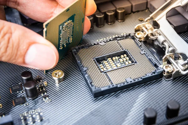 Closeup detail of CPU Chip over socket with hand of a modern computer black motherboard. Electronic small component details. Select focus