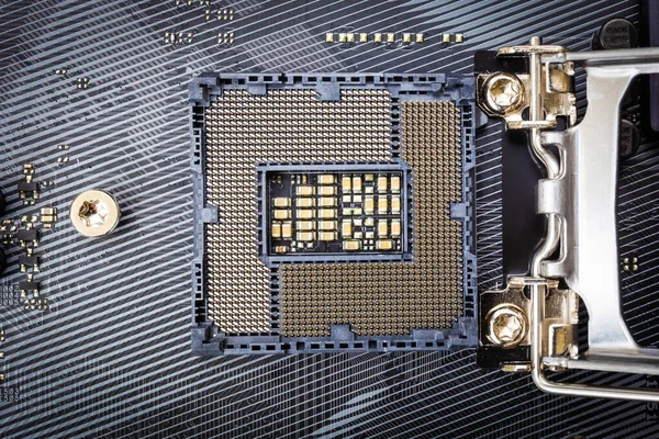 Λεπτομέρεια Closeup Της Υποδοχής Cpu Ενός Σύγχρονου Υπολογιστή Μαύρη Μητρική — Φωτογραφία Αρχείου