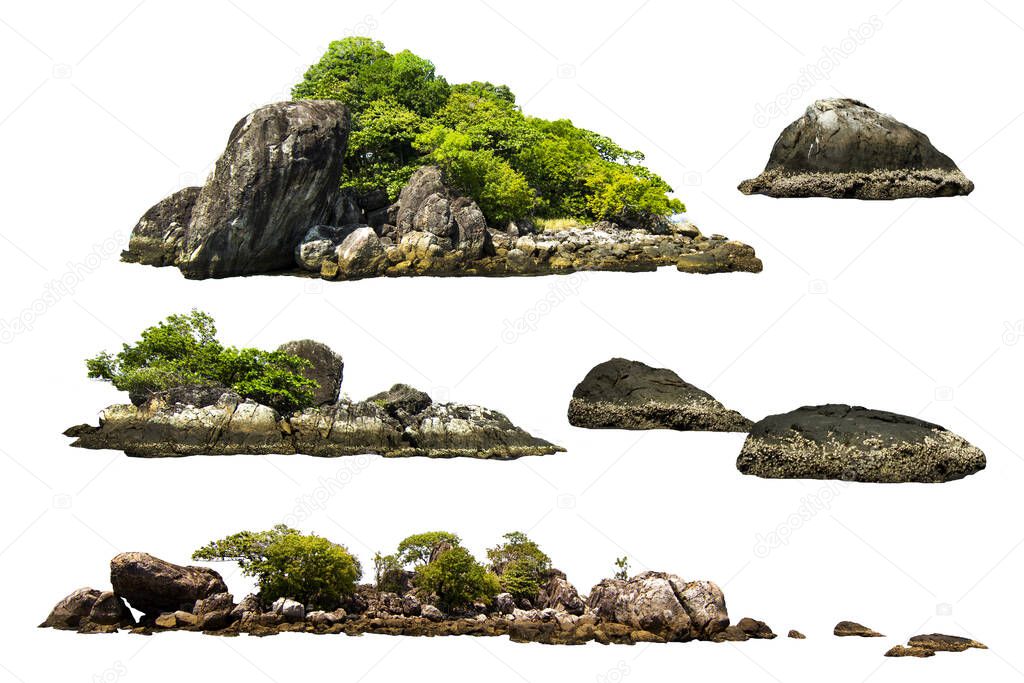 The trees. Mountain on the island and rocks.Isolated on White background.Used in the design of advertising media, architecture