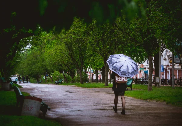 Дівчина Блакитною Парасолькою Йде Через Зелений Парк Дощову Погоду — стокове фото