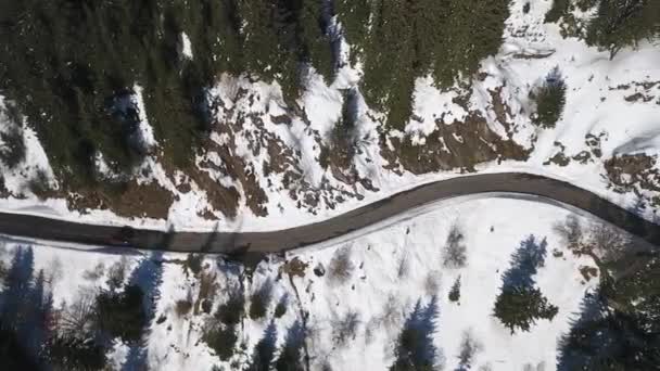 フランスアルプスの雪に覆われた谷上空の航空便 雪に覆われた家屋や樹木のイメージ — ストック動画