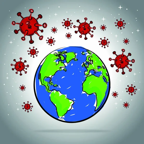 Coronavirus 2019-nCov ikonlu Dünya gezegeni. Bir virüs salgınının dünyaya yayılması. COVID 19 salgını ve dünya salgını risk kavramı. Koronavirüsü durdurun. Düz vektör illüstrasyonu