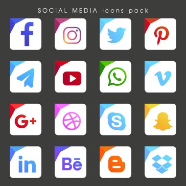 Sosyal ağların kare renkli popüler logolarının bir koleksiyonu: Facebook, Twitter, Google Plus, Instagram, Pinterest, Youtube, vb..