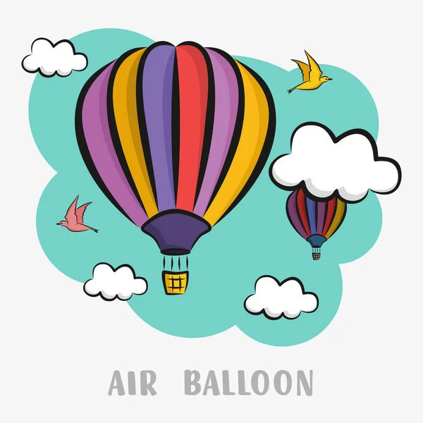 Gökyüzünde Bulutlu Sıcak Hava Balonu Kuş Vektörü Illüstrasyon Arkaplan Kartpostal — Stok Vektör