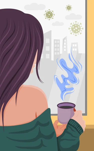 소녀가 창가에 커피를 마신다 코로나 바이러스가 유행할 머물러 으십시오 일러스트 — 스톡 벡터