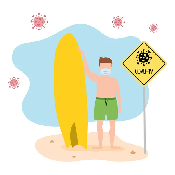 Male Surfer Stands Shore Protective Mask Warning Sign Because Covid — Stock Vector