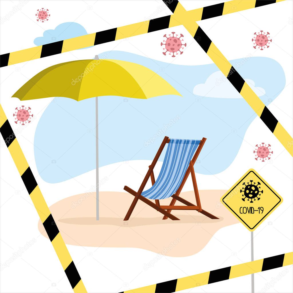 Empty beach with a deck chair, umbrella and a warning sign of the virus against the sea with a protective tape. Stop the COVID-19 virus. Flat vector illustration.