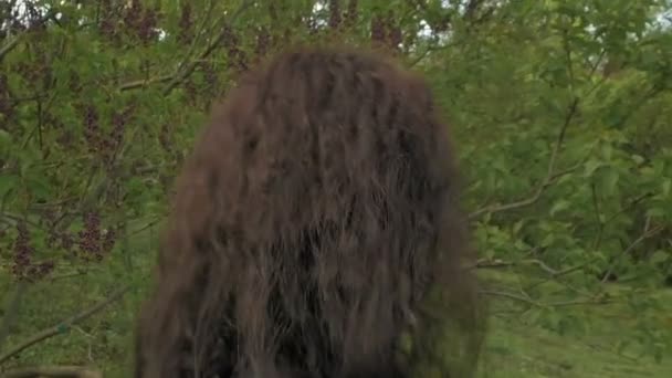 Красивая брюнетка длинные волосы девушка портрет на улице — стоковое видео