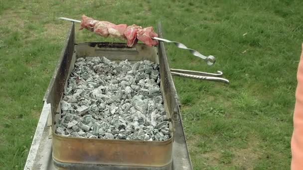 Girl puts barbecue skewers with meat on brazier — Stock Video