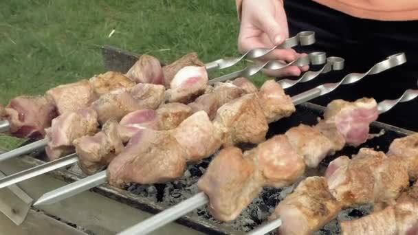 女の子料理火鉢に肉とバーベキュー串 — ストック動画