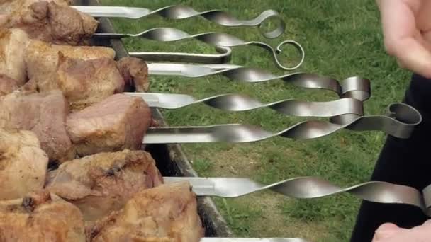 Espetos de churrasco com carne cozinhando no braseiro — Vídeo de Stock