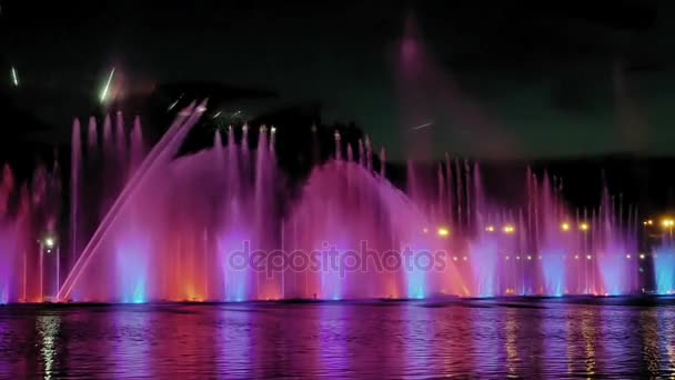 Барвистий яскравий фонтан з красивим відображенням — стокове відео