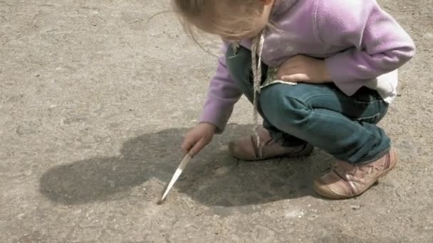 Kis lány játszik a rovar-bogár az úton — Stock videók