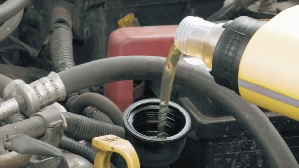 Auto mechanik rozlewa dodatkowego napędu silnikowego oleju — Wideo stockowe