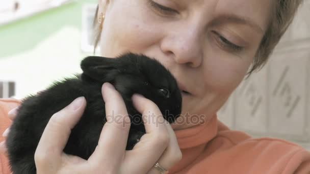 Девочка держит и домашние животные маленький черный кролик — стоковое видео