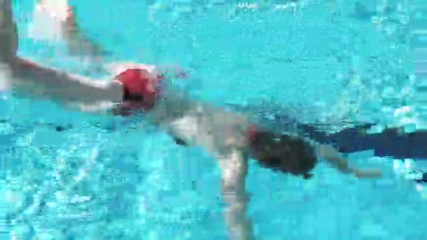 Женщина ныряет под голубую воду в бассейне — стоковое видео
