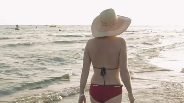 Una mujer caminando por la playa al atardecer — Vídeos de Stock