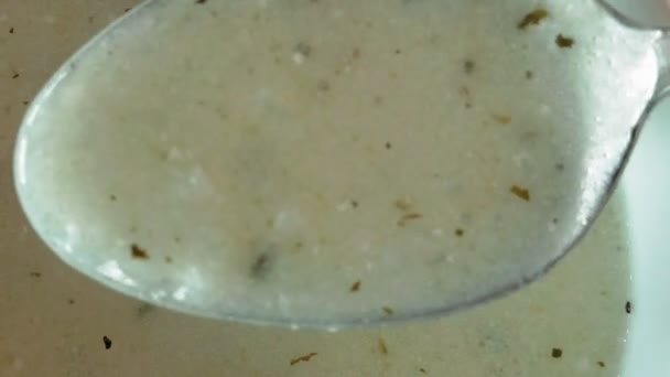 Een kom vol met wit romige soep met kruiden — Stockvideo