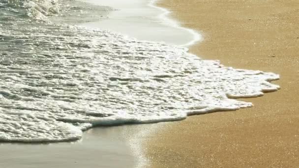 Мягкие морские волны, несущиеся по песчаному пляжу на закате — стоковое видео