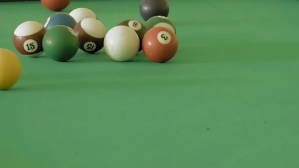 Billiard or pool table with balls being breaking — Stock Video