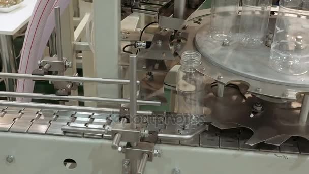 Conveyor product line for pouring beverage bottles — Stock Video