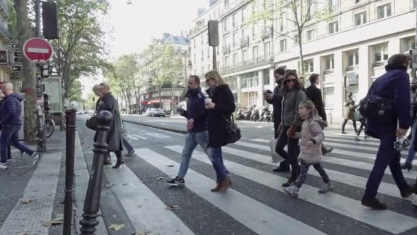 Personer korsar gatan vid övergångsställe — Stockvideo