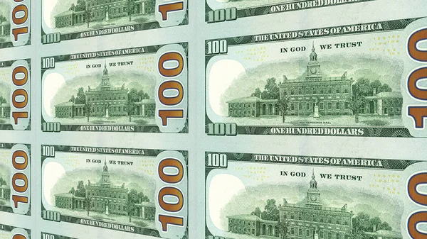 Reverse side of new 100 dollar bills 3d view — Stock Photo, Image