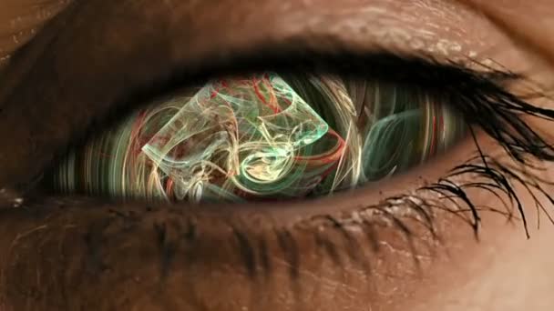 Zoom dell'occhio nell'iride con polvere neurale astratta — Video Stock