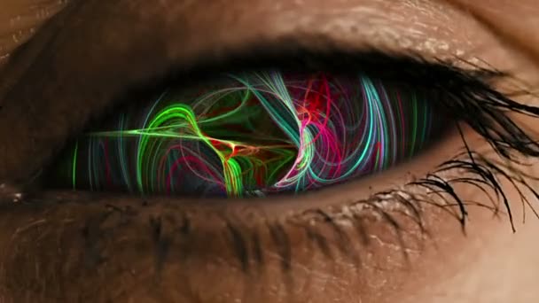 Увеличение глаза в радужную оболочку с абстрактной нервной пылью — стоковое видео