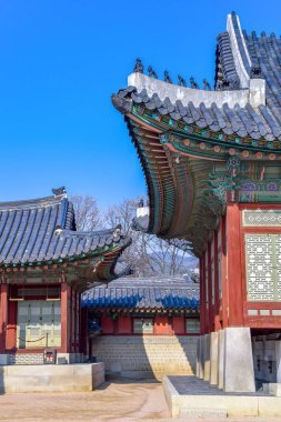 Seul, Güney Kore 1 / 9 / 2020 Gyeongbokgung Sarayı 'nın çatısına yakın çekim