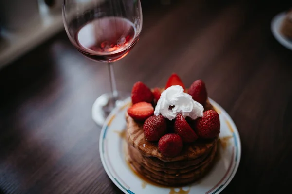 Delicious Pancakes Strawberries Cream Plate Stock Picture