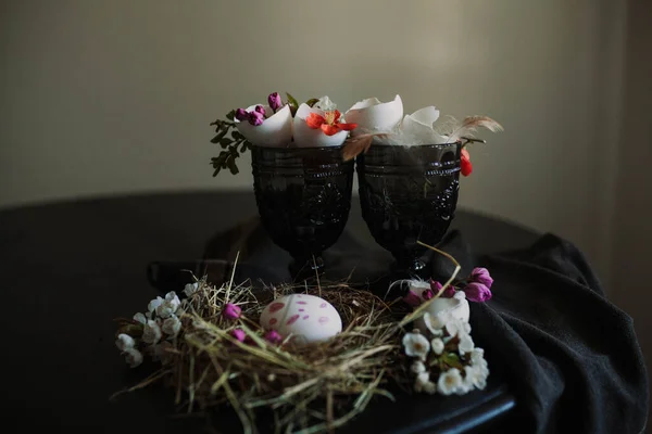 Beautiful Decorated Eggs Black Glasses — Stock Photo, Image