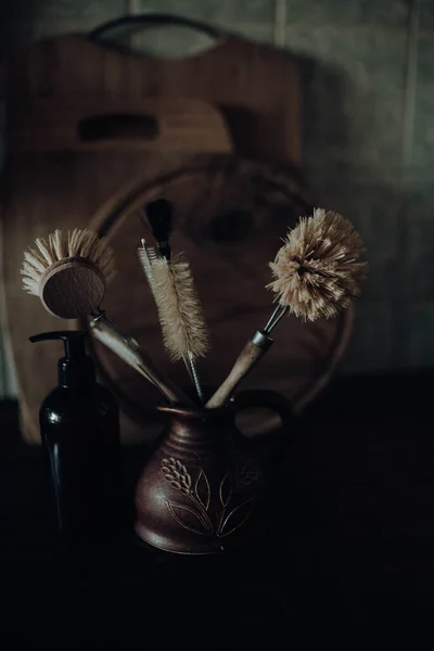 Zero Waste Concept Natural Kitchen Brushes — Stock Photo, Image