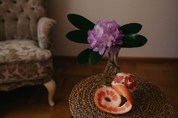 Rhododendron in vase and grapefruit on the wicker chair