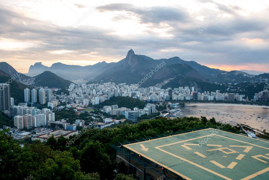 View of the city of Rio de Janeiro from Sugarloaf mountain at sunset, Brazil 