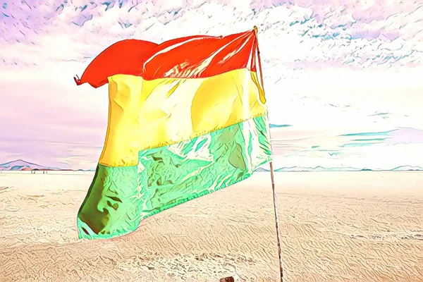 サラール ウユニを背景にしたボリビア国旗 ボリビア ウユニ 南アメリカのウユニ塩沼と旗 — ストック写真