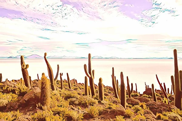 Salar Uyuni Plantas Cactus Gigantes Contra Cielo Azul Soleado Isla —  Fotos de Stock