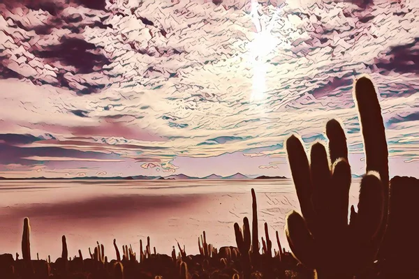 Salar Uyuni Giant Cactus Planten Tegen Sunny Blue Sky Isla — Stockfoto