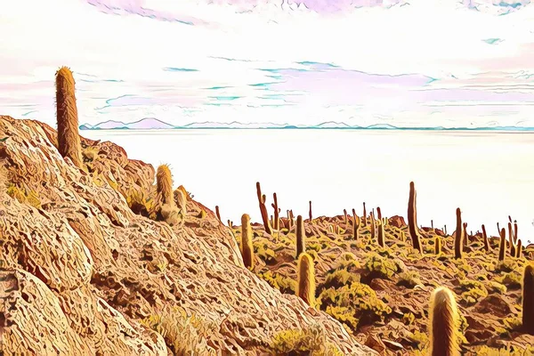 Salar Uyuni Gigantyczne Kaktus Rośliny Przeciwko Sunny Blue Sky Isla — Zdjęcie stockowe