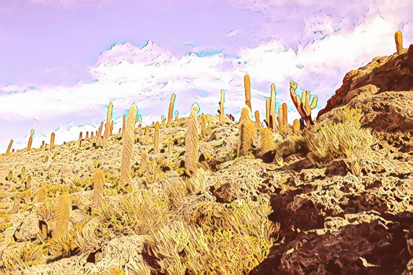 Salar Uyuni Giant Cactus Plants Sunny Blue Sky Isla Del — Stock Photo, Image