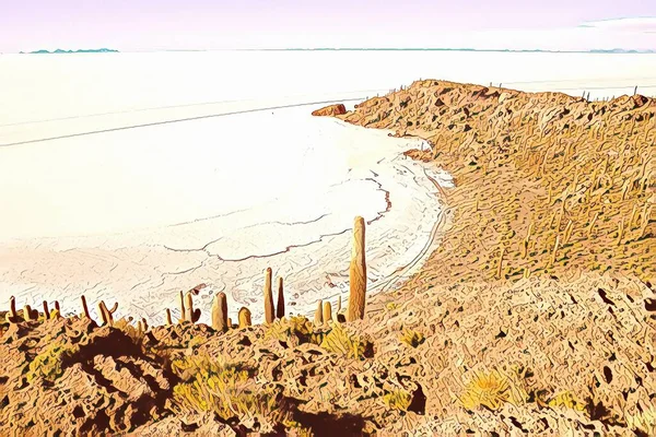 Salar Uyuni Plantas Cactus Gigantes Contra Cielo Azul Soleado Isla — Foto de Stock